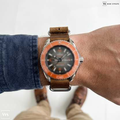 Brown Aged Rustic Leather Watch Strap on Nicolet Skindiver 900 Ball Bearing Red Bezel Dive Watch
