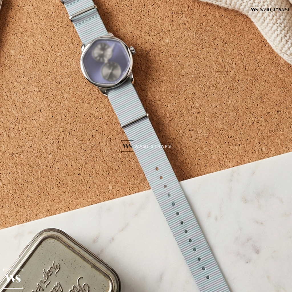Green/Pink Graphic Print Nylon Watch Strap on Le Regulateur Louis Erard x Cedric Johner