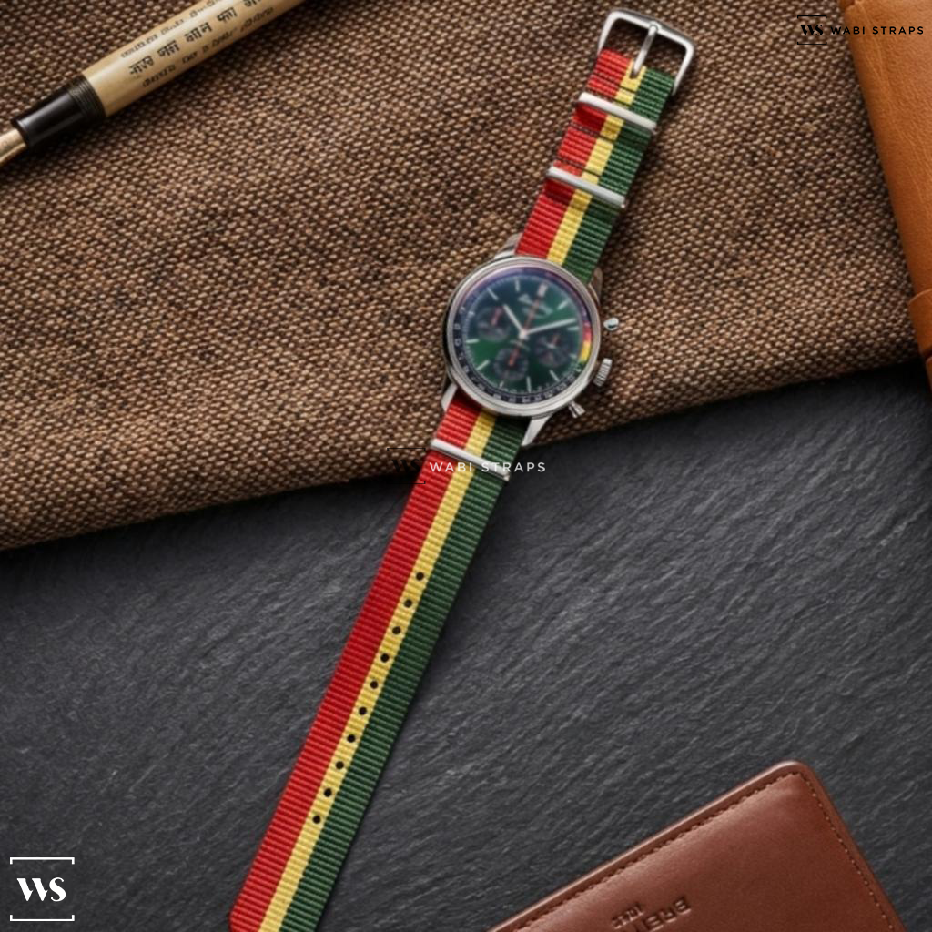 Green/Red/Yellow 2 Thick 1 Thin Stripe Nylon Watch Strap on Breitling Toip Time B01 Ford Mustang