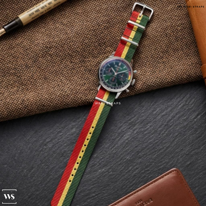 Green/Red/Yellow 2 Thick 1 Thin Stripe Nylon Watch Strap on Breitling Toip Time B01 Ford Mustang