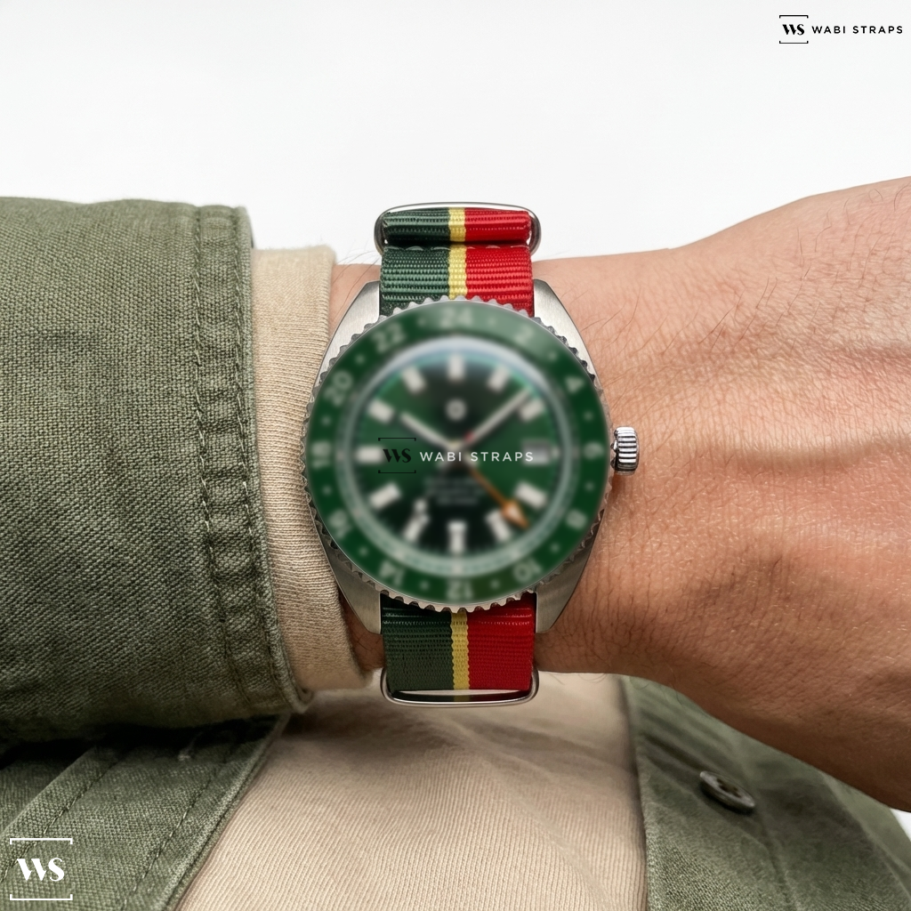 Green/Red/Yellow 2 Thick 1 Thin Stripe Nylon Watch Strap on Strat-o-timer GMT: Magnolia