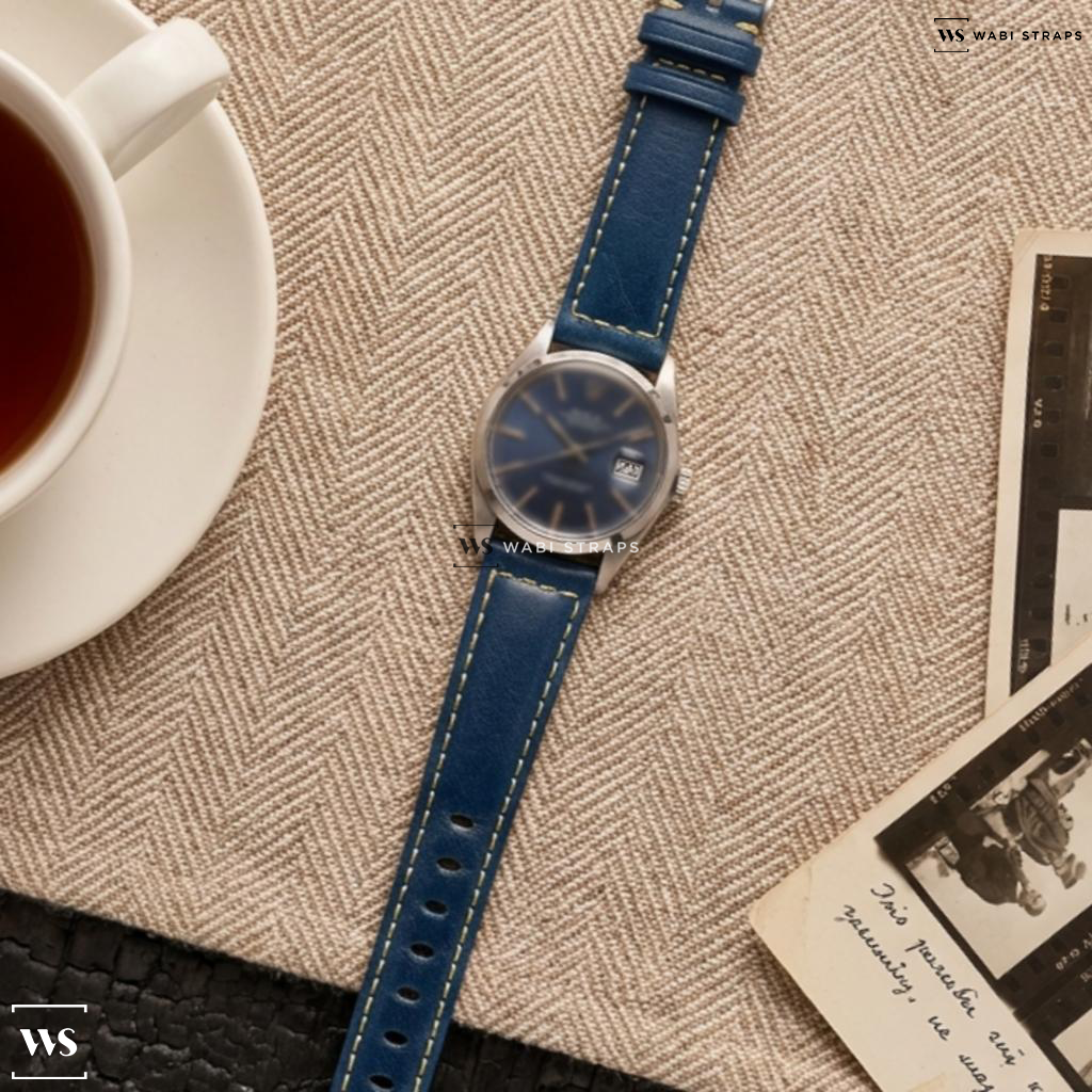 Blue Aged Rustic Leather Watch Strap on Rolex Date Blue Dial