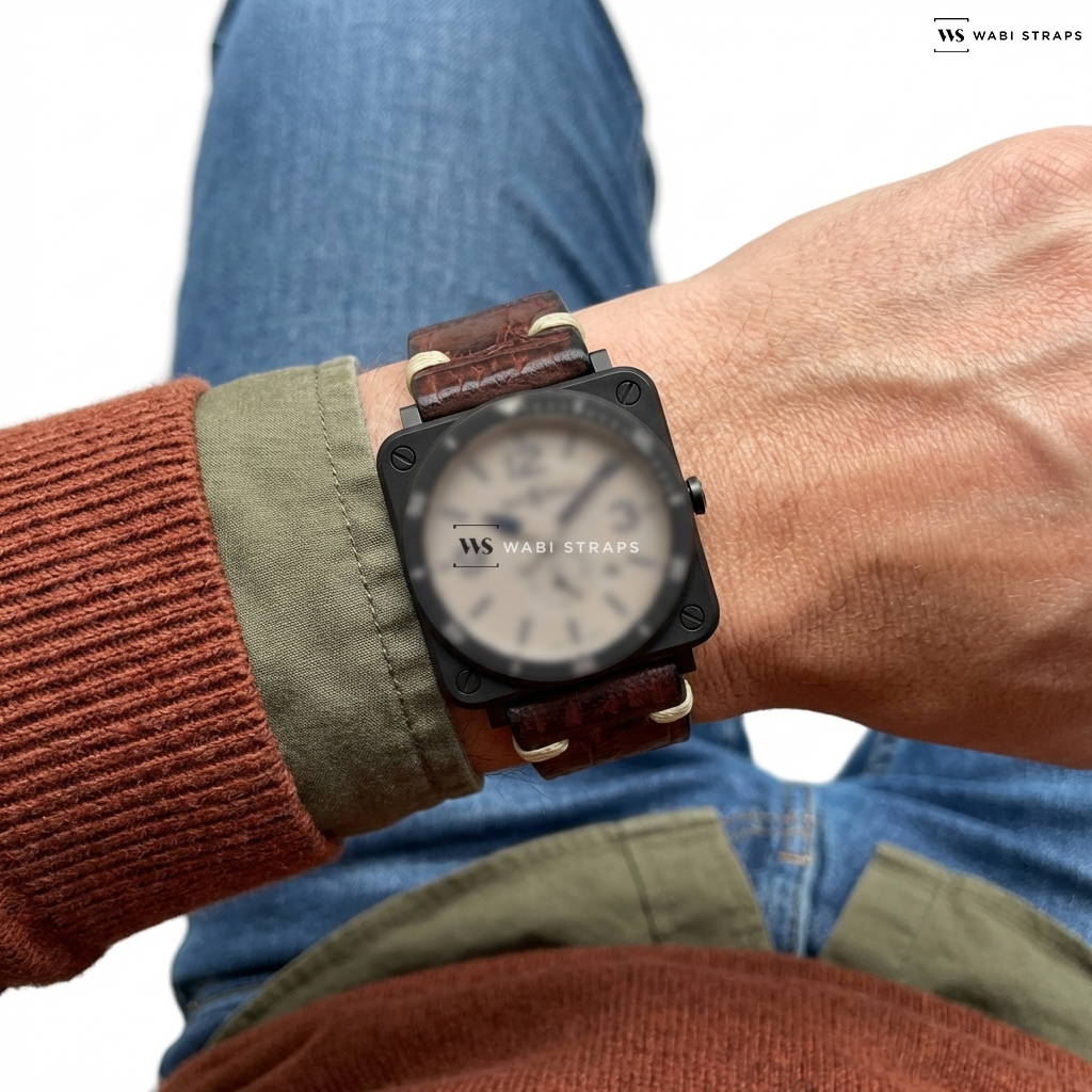 Brown Crocodile Grain Leather Watch Strap on Bell & Ross Aviatio Desert Type Quartz Beige Dial Men's Watch