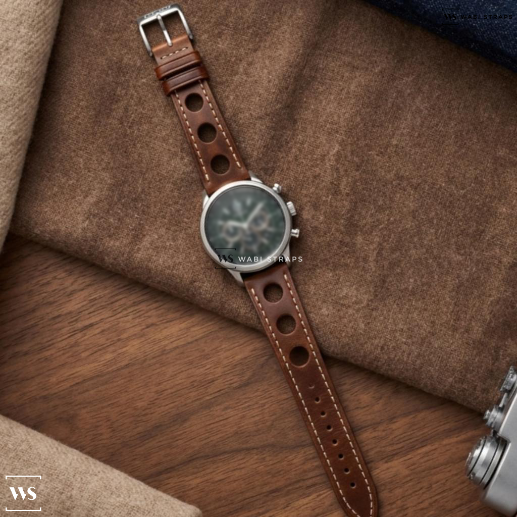 Brown Perforated Leather Watch Strap on Citizen Eco-Drive Green Dial Stainless Steel Men's Watch