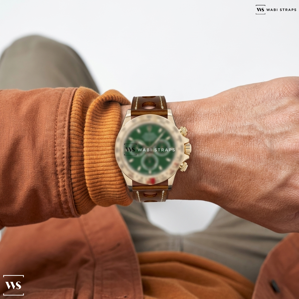 Brown Perforated Leather Watch Strap on Rolex Daytona 116508 18k Yellow Gold / Green Dial 2023