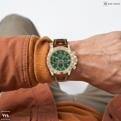 Brown Perforated Leather Watch Strap on Rolex Daytona 116508 18k Yellow Gold / Green Dial 2023