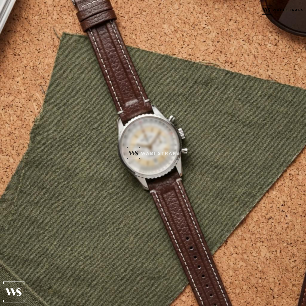Brown/White Double Ridged Leather Watch Strap on Breitling Transocean Chronograph Automatic Silver Dial Men's Watch