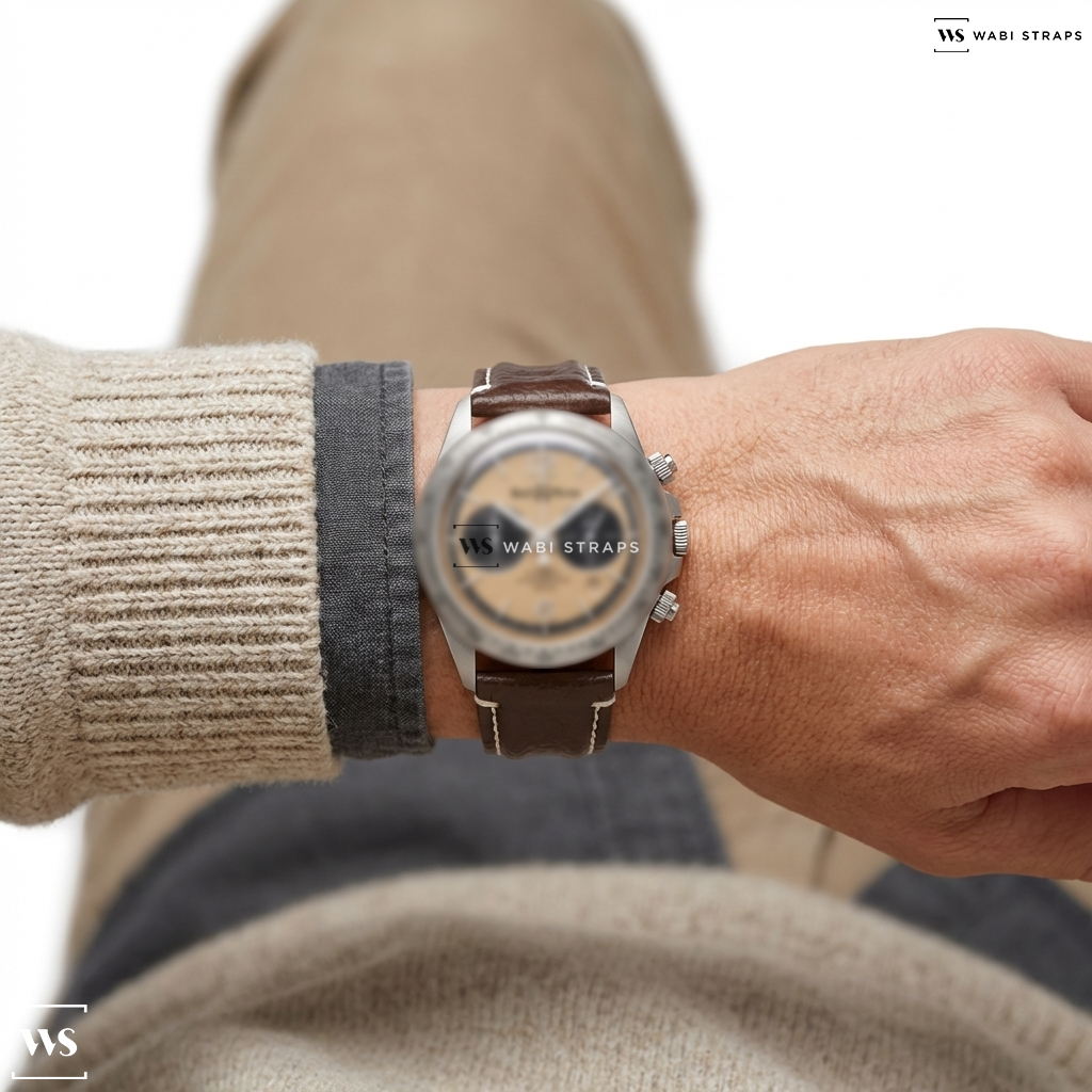 Brown/White Double Ridged Leather Watch Strap on Bell & Ross BR V2-94 Bellytanker Automatic Champagne Dial Men's Watch