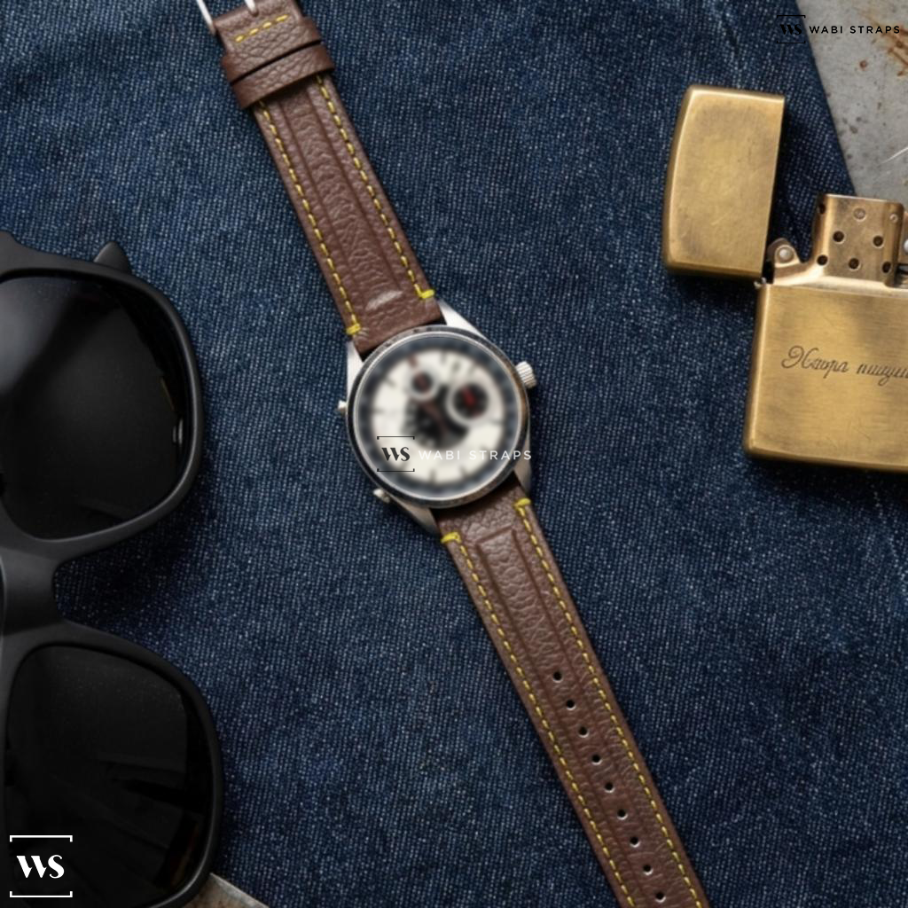 Brown/Yellow Double Ridged Leather Watch Strap on Omega Aqua Terra Regatta
