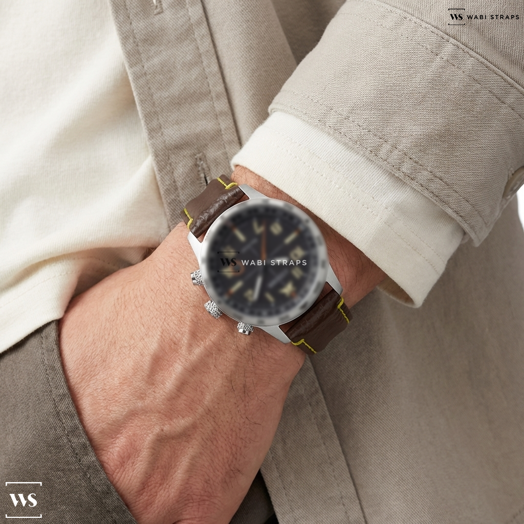 Brown/Yellow Double Ridged Leather Watch Strap on Citizen Eco-Drive Eco-Drive Black Dial Stainless Steel Men's Watch