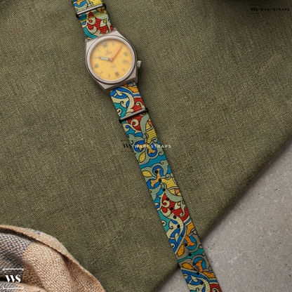 Blue/Orange/Red Graphic Print Nylon Watch Strap on Hamilton Khaki Field Mechanical 38mm Bronze