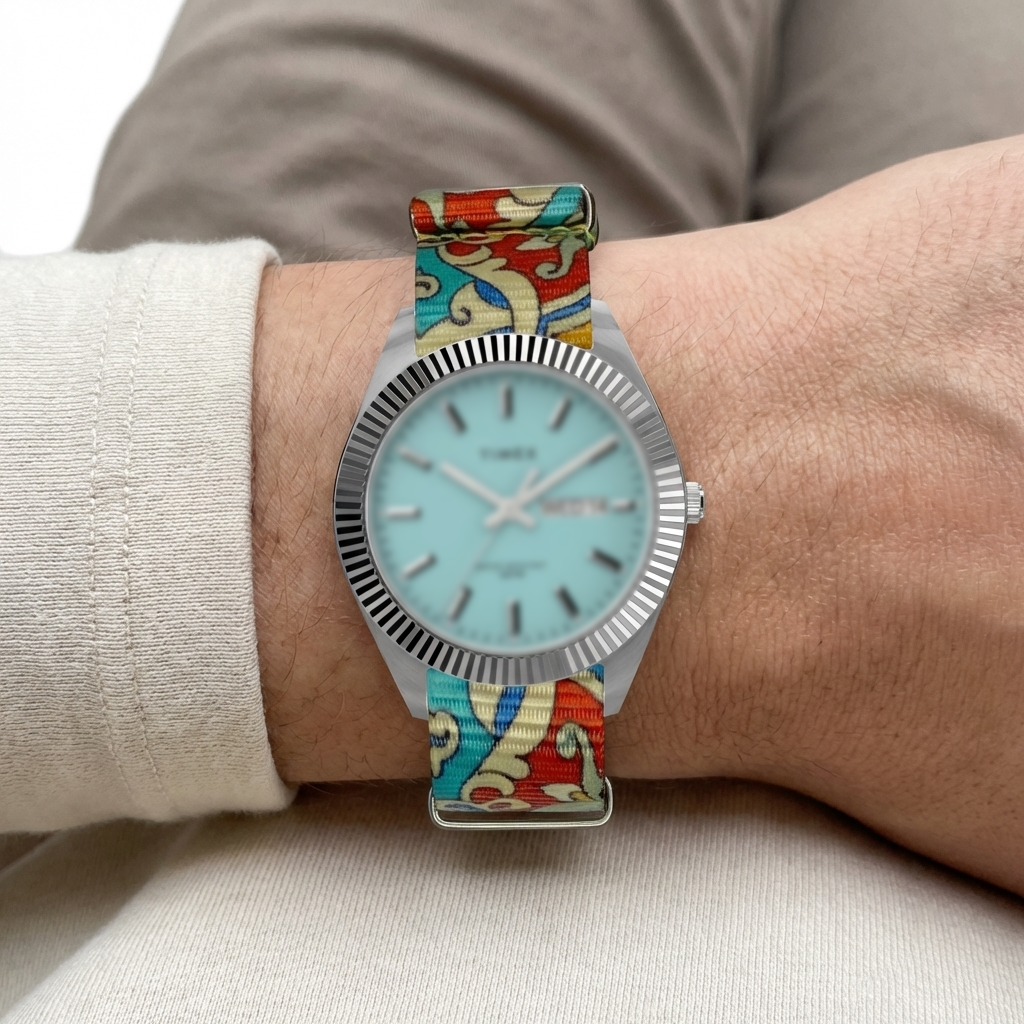 Blue/Orange/Red Graphic Print Nylon Watch Strap on Legacy 41mm