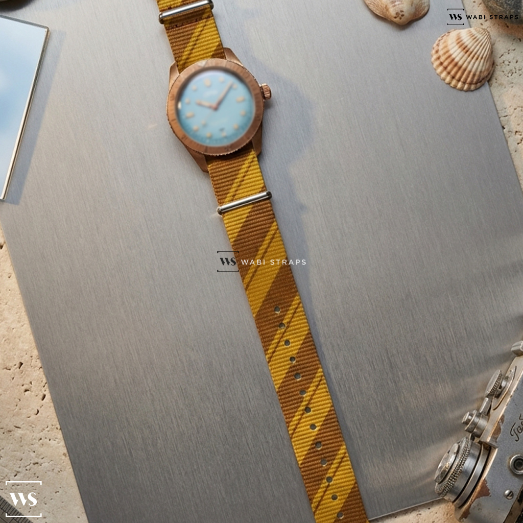 Brown/Orange Graphic Print Nylon Watch Strap on Oris Divers Sixty-Five ‘Cotton Candy’