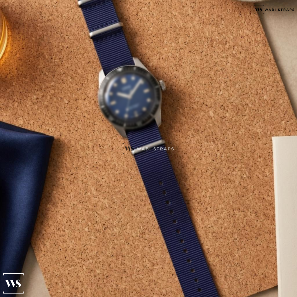 Blue Solid Plain Nylon Watch Strap on Oris Sixty Five Diver Date