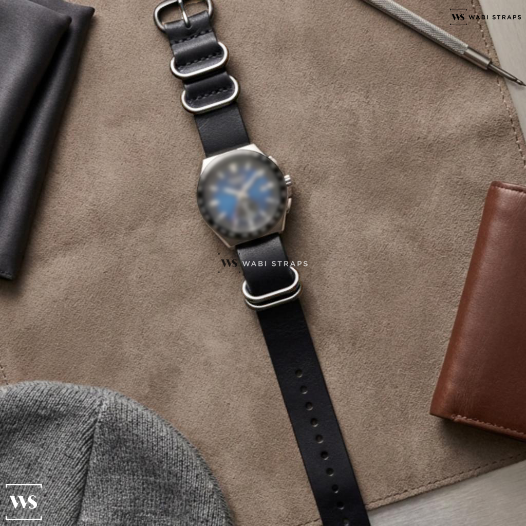 Blue Aged Rustic Leather Watch Strap on Omega Constellation Pie Pan