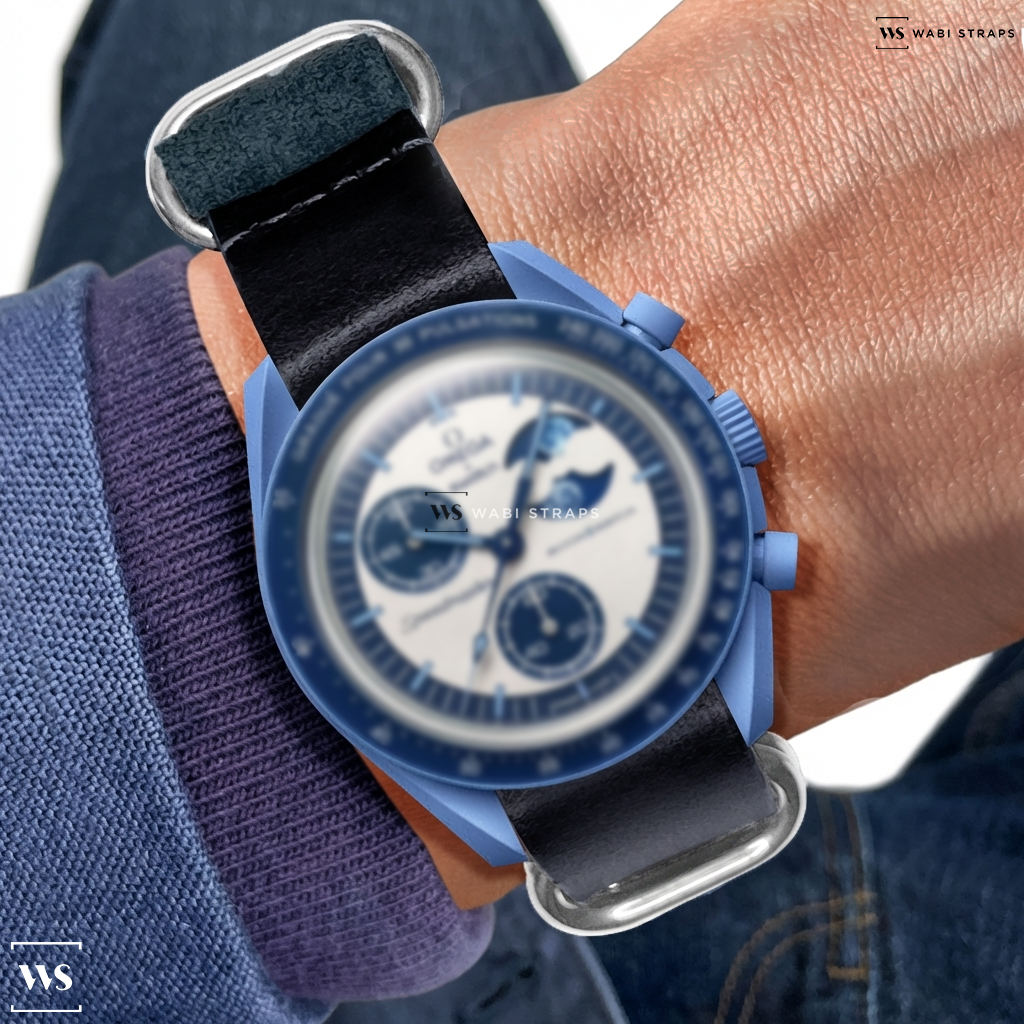 Blue Aged Rustic Leather Watch Strap on Omega Constellation Pie Pan