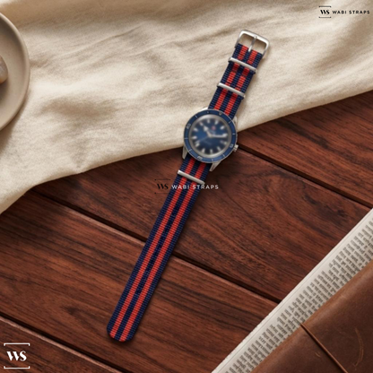 Blue/Red 5 Stripes Nylon Watch Strap on Rado Captain Cook Reedition Blue Dial