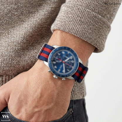 Blue/Red 5 Stripes Nylon Watch Strap on Fossil Tourer Chronograph Yellow Dial