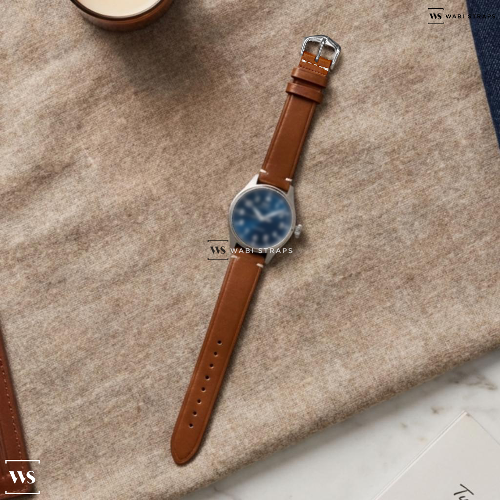 Brown Oiled Leather Watch Strap on IWC Big Pilot 43mm Blue Dial