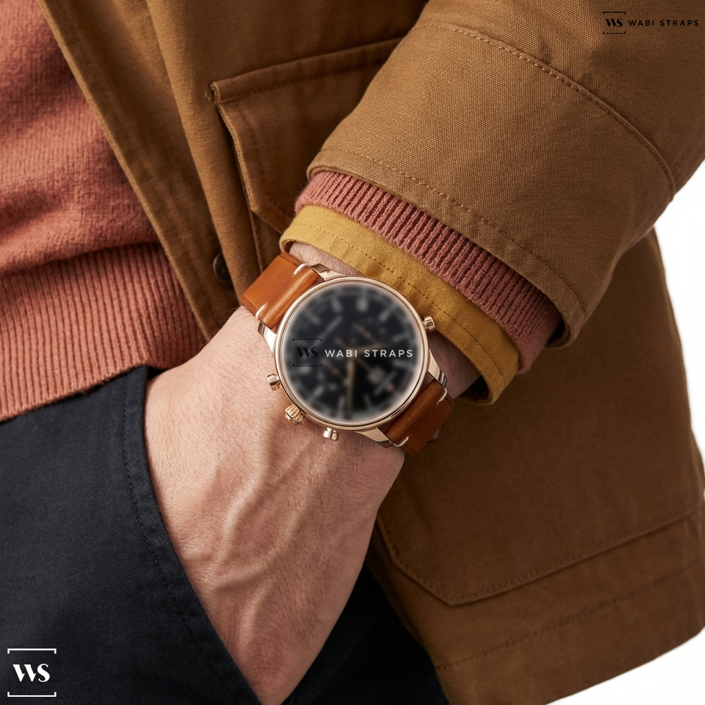 Brown Oiled Leather Watch Strap on Jaquet Droz Astrale Rattrapante Chronograph 18k Rose Gold Black Dial