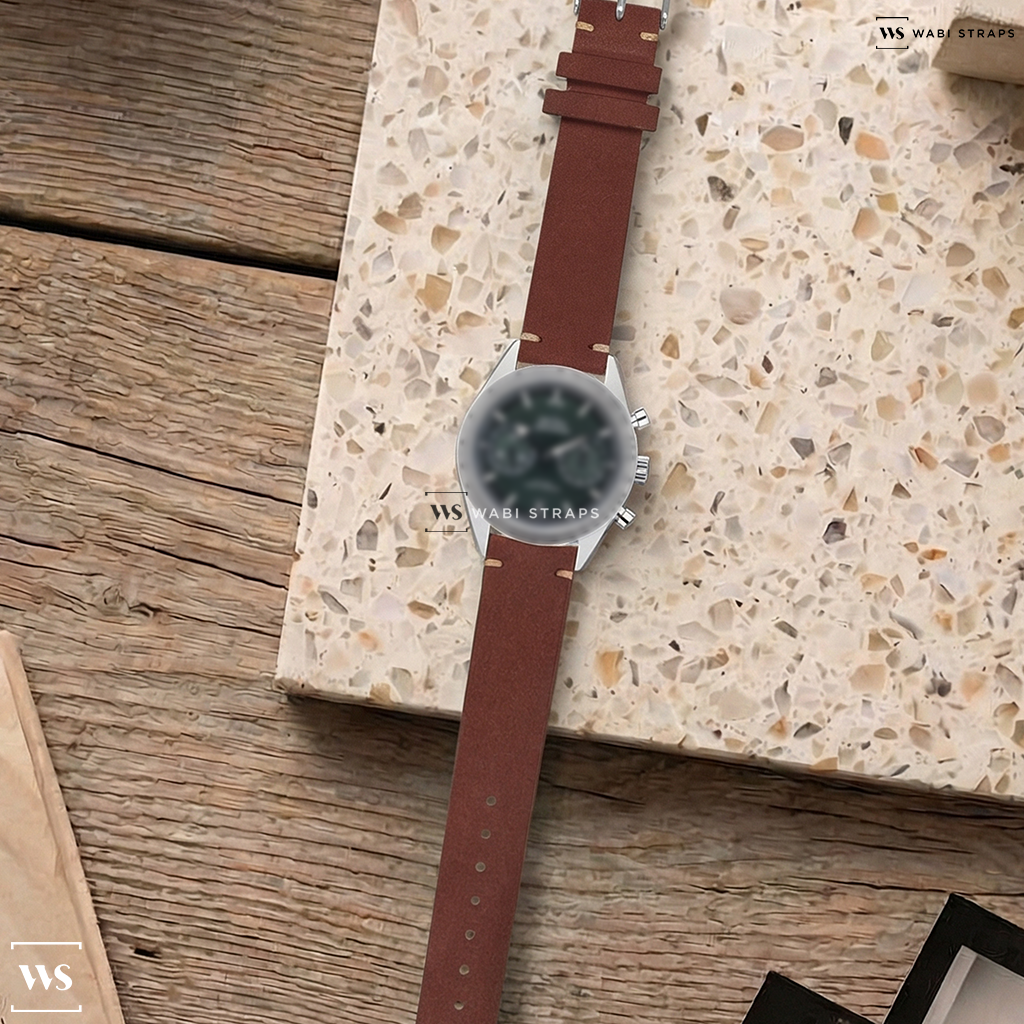 Brown Fuzzy Grain Leather Watch Strap on Omega Speedmaster 57 Co-Axial SS Green Dial 2024
