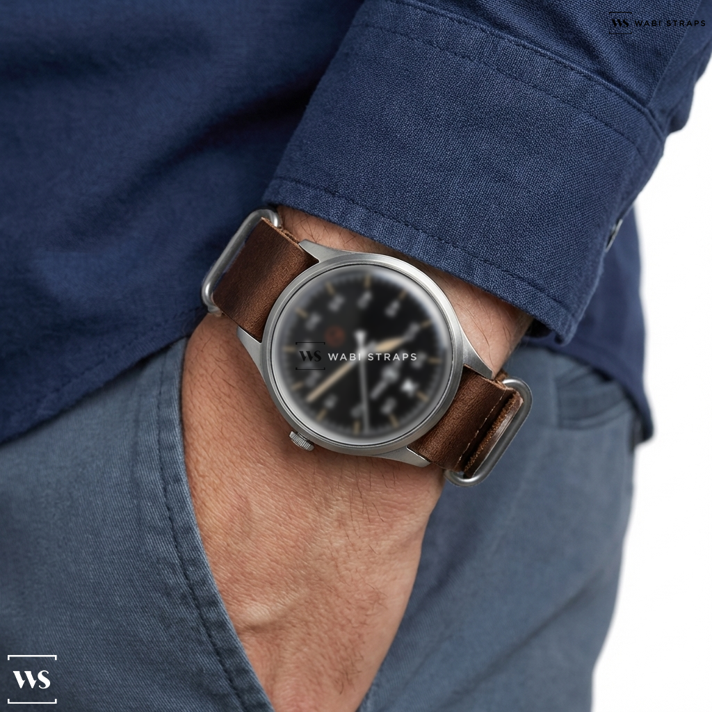 Brown Aged Rustic Leather Watch Strap on Vulcain Incabloc Chronograph Gold Dial Blue Subdials
