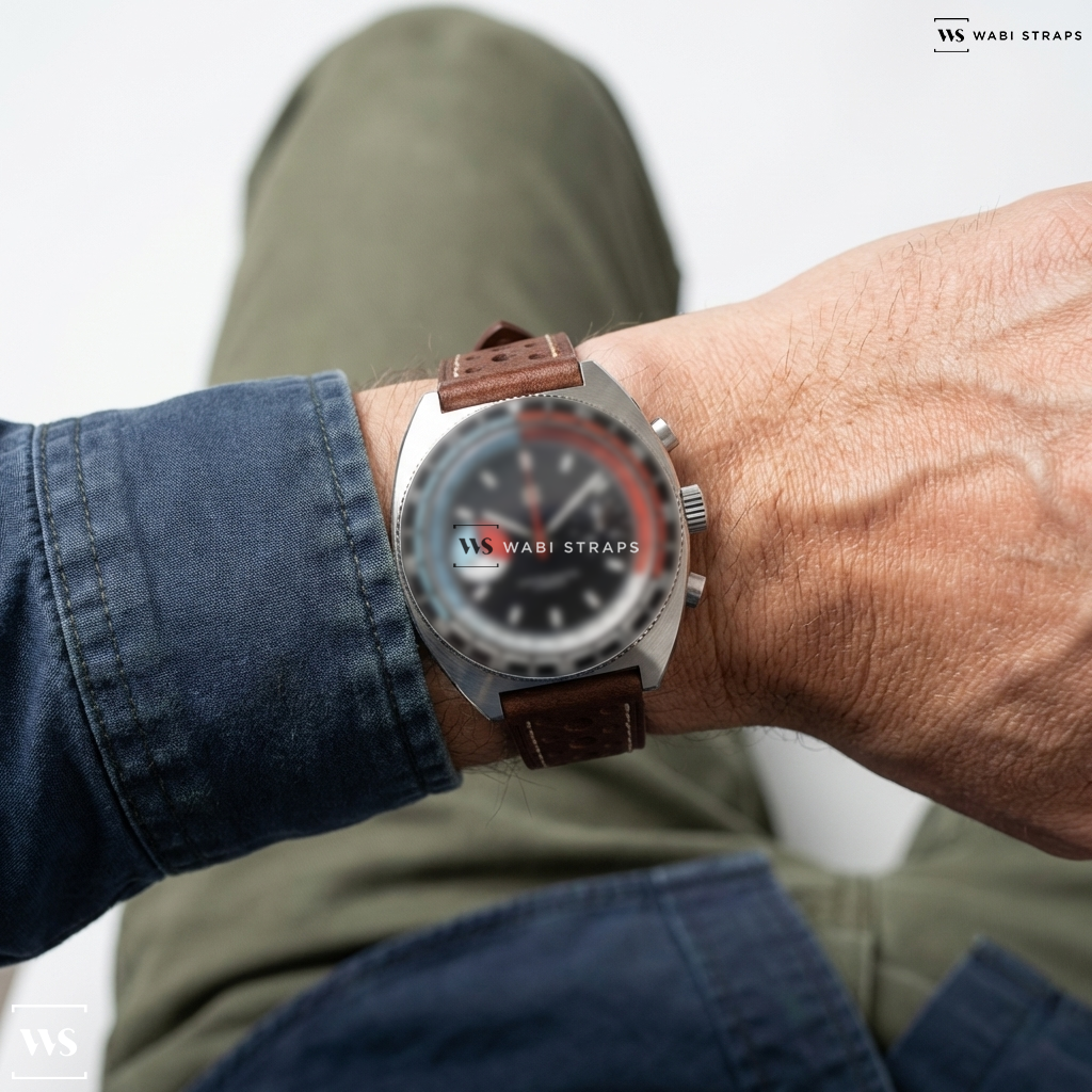 Brown Perforated Leather Watch Strap on Straton Watch Co. Yacht Racer Quartz Black dial