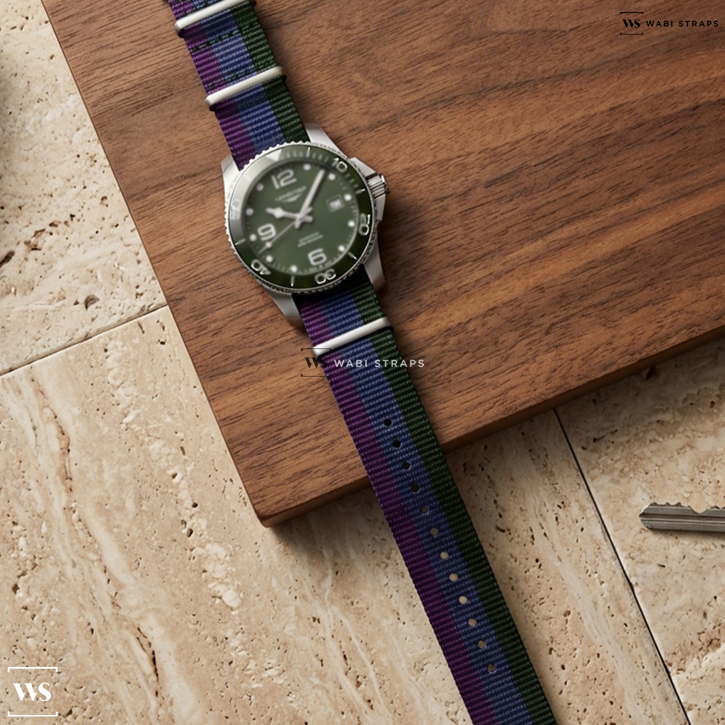 Blue/Green/Purple 3 Stripes Nylon Watch Strap on Longines Hydroconquest 41mm Dive Watch Green