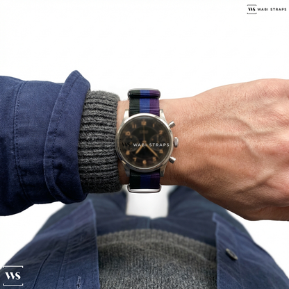 Blue/Green/Purple 3 Stripes Nylon Watch Strap on 1950 Eterna Chronograph Watch For Sale