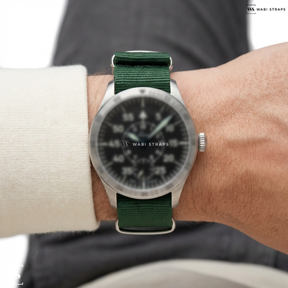 Green Bright Solid Plain Nylon Watch Strap on Laco 862119 - Flieger Mechanical Watch