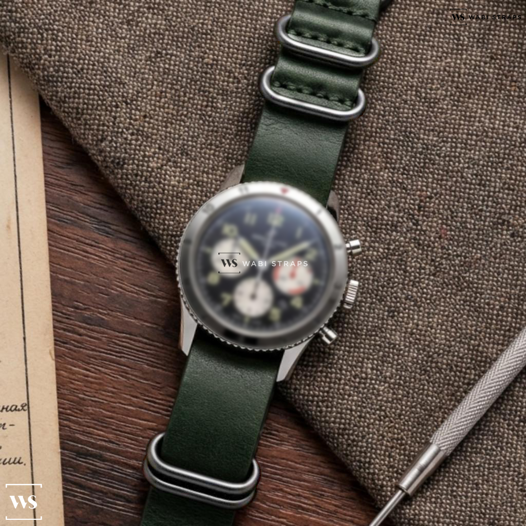 Green Aged Rustic Leather Watch Strap on Paul Portinoux Vintage Chronograph