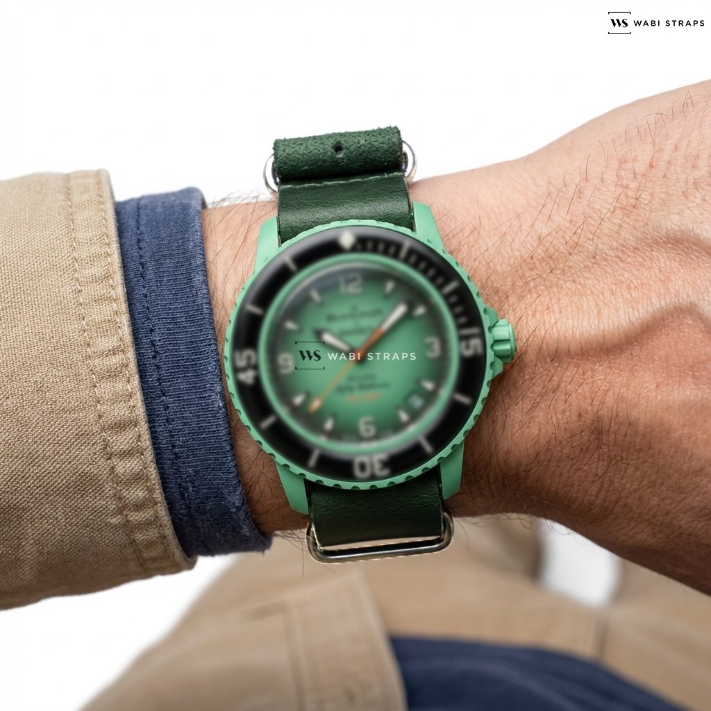 Green Aged Rustic Leather Watch Strap on Wylex Incaflex Vintage Chronograph