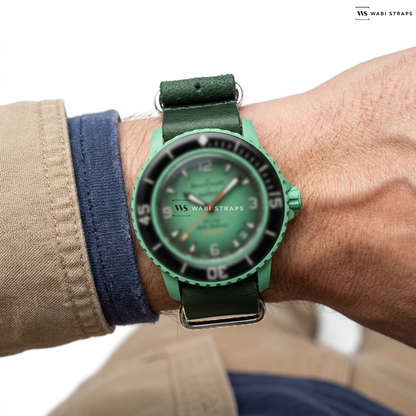 Green Aged Rustic Leather Watch Strap on Wylex Incaflex Vintage Chronograph