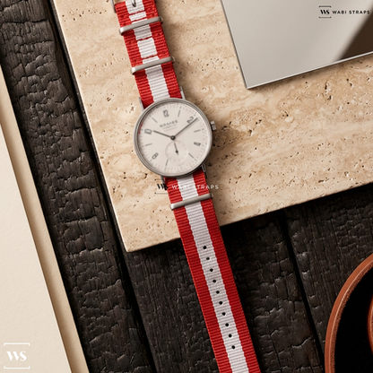 Red/White 3 Stripes Nylon Watch Strap on Nomos Glashutte Tangente 41 Neomatik