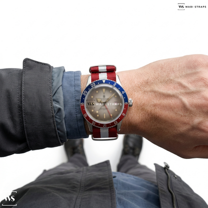 Red/White 3 Stripes Nylon Watch Strap on Steinhart Ocean One Vintage Dual Time GMT