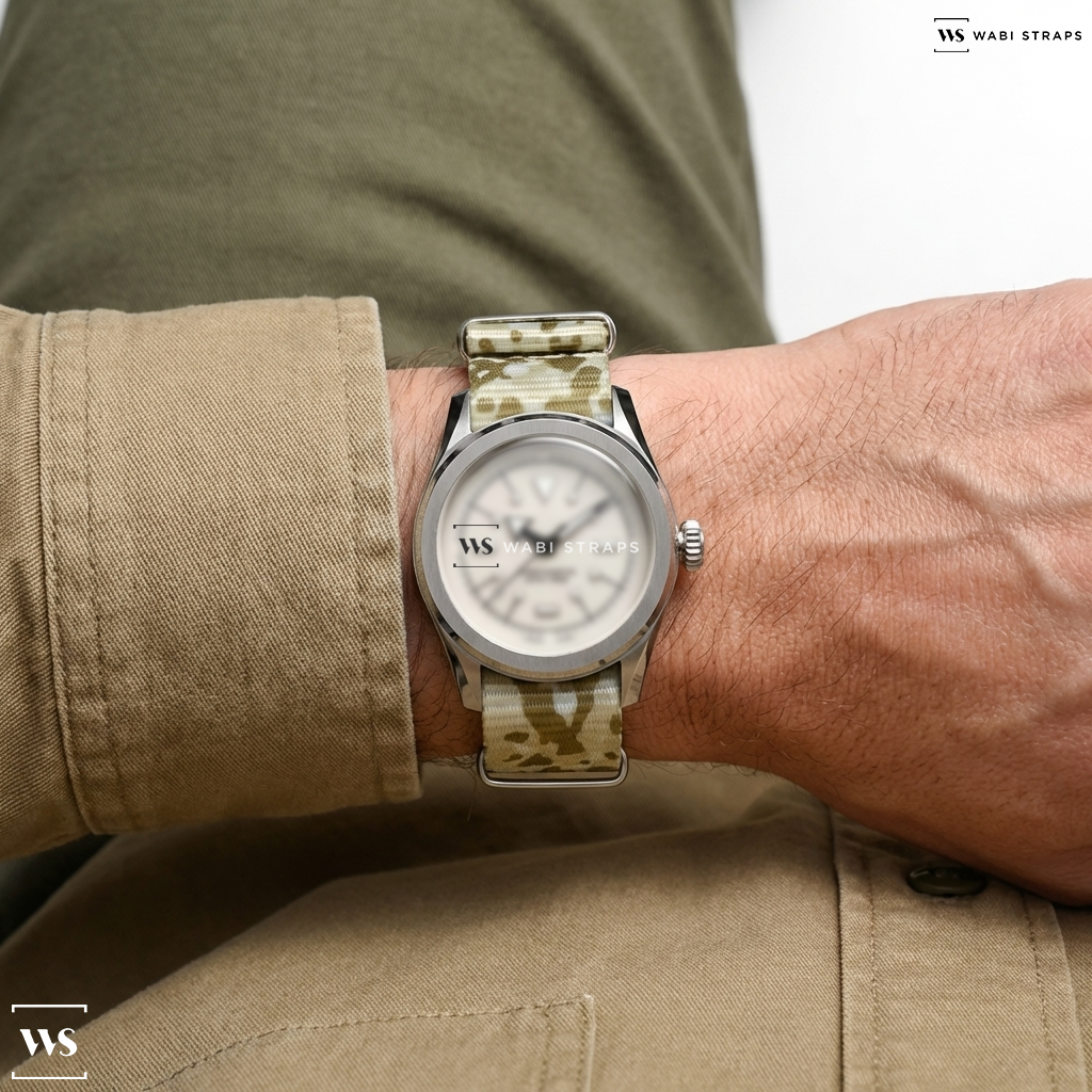 Brown/White Camouflage Nylon Watch Strap on Serica Ref. 6190 M.S.L. CHRONOMETER POLAR WHITE