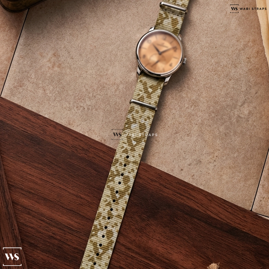 Brown/White Camouflage Nylon Watch Strap on Louis Erard Excellence Petite Second