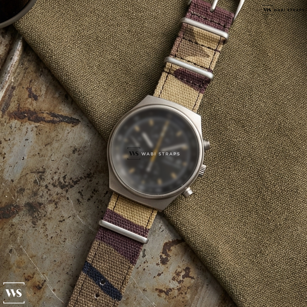 Beige/Brown/Tan Tactical Camouflage Canvas Watch Strap on Porsche Design Chronograph Day Date