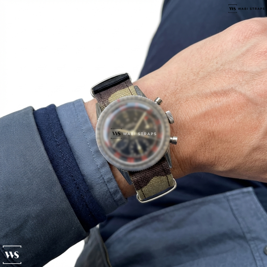Beige/Brown/Tan Tactical Camouflage Canvas Watch Strap on Jardur Bezelmeter Pilots Military Vintage Chronograph Watch
