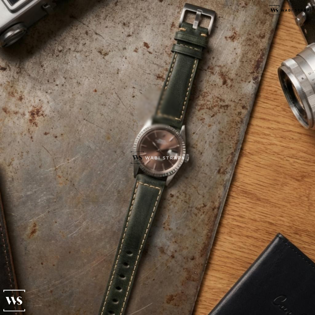 Green Aged Rustic Leather Watch Strap on Rolex 1803 Grey Slate Dial