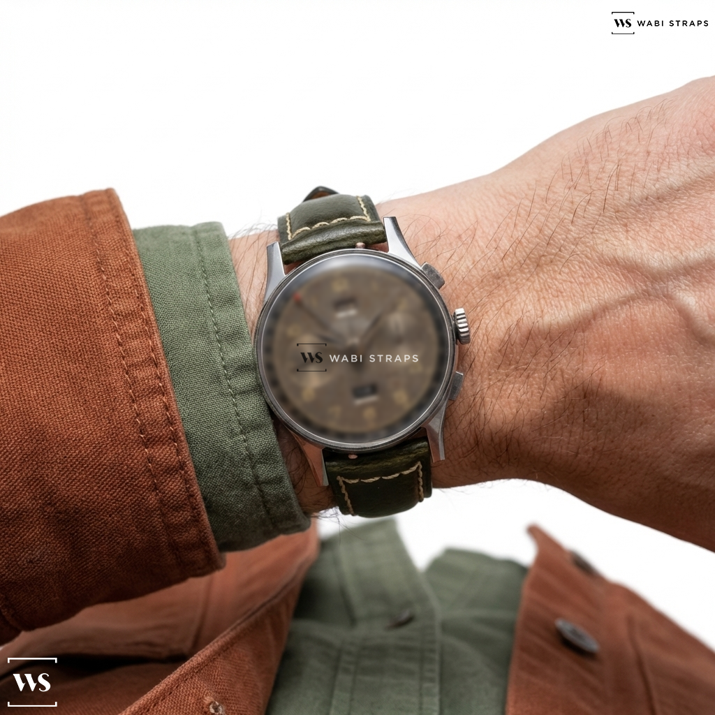 Green Aged Rustic Leather Watch Strap on Angelus Chronodate Vintage