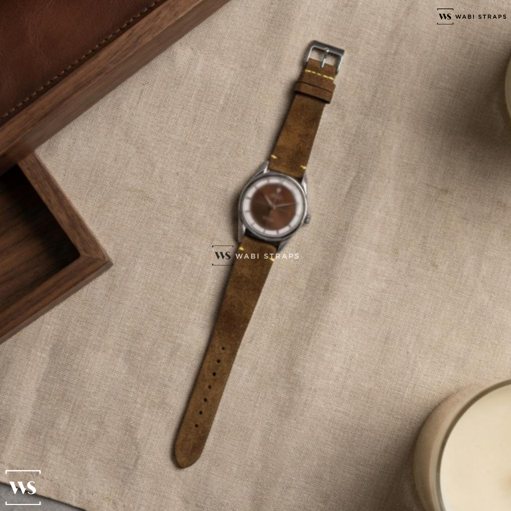 Green Fuzzy Grain Suede Watch Strap on Universal Geneve Microrotor Tropical Dial