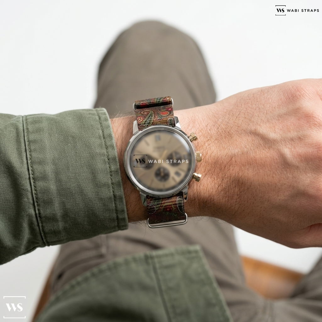 Brown/Green/Red Graphic Print Nylon Watch Strap on Marlin® Chronograph Tachymeter 40mm