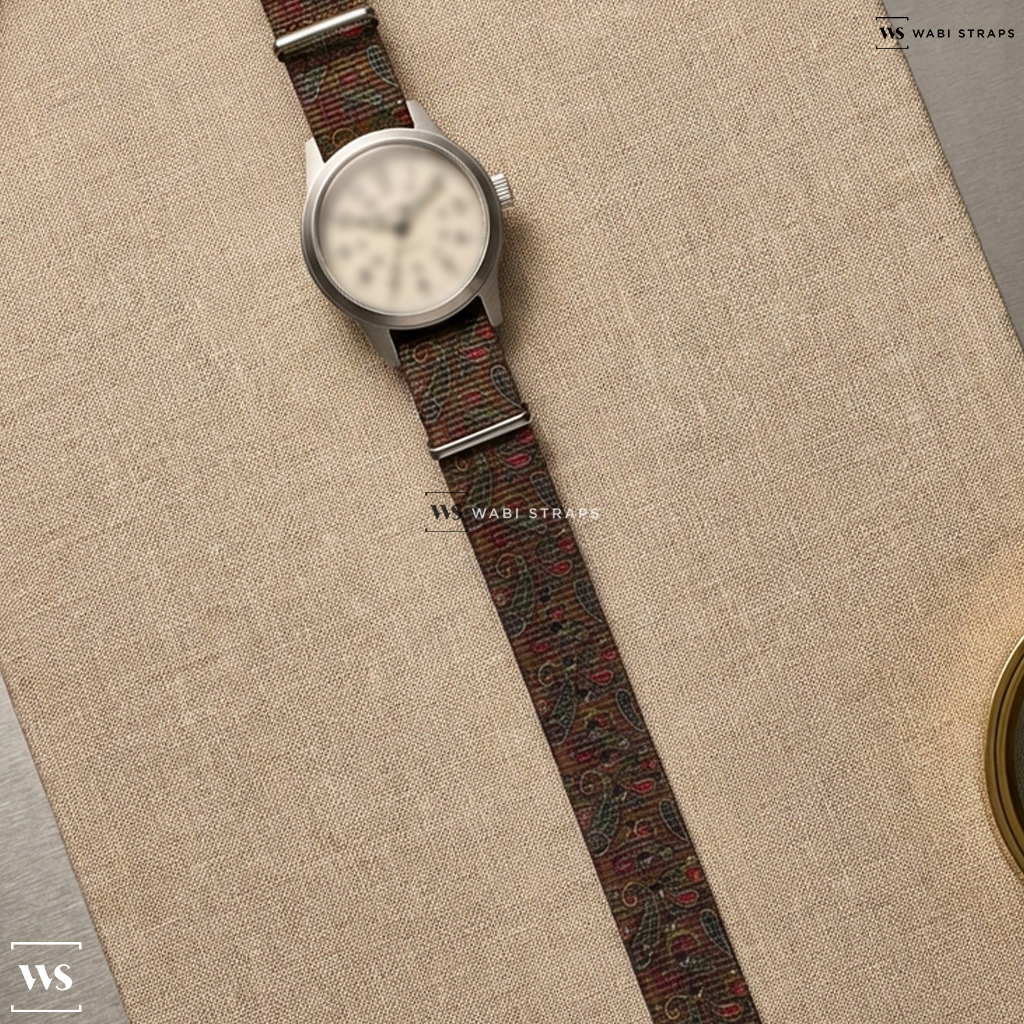 Brown/Green/Red Graphic Print Nylon Watch Strap on Bulova Hack Watch