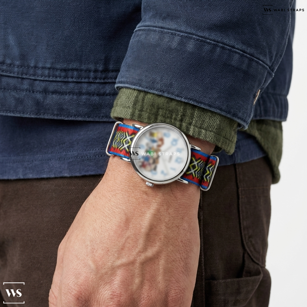 Black/Blue/Red/Yellow Graphic Print Nylon Watch Strap on Timex Weekender x Peanuts Gang's All Here 38mm