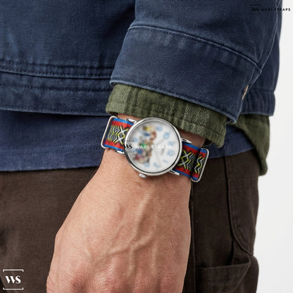 Black/Blue/Red/Yellow Graphic Print Nylon Watch Strap on Timex Weekender x Peanuts Gang's All Here 38mm