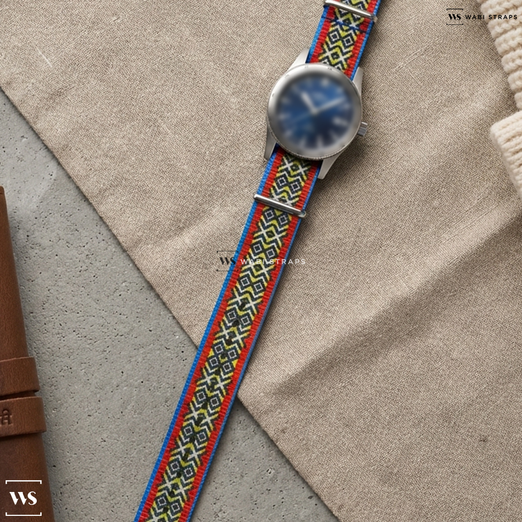 Black/Blue/Red/Yellow Graphic Print Nylon Watch Strap on Fortis Flieger F-39 Automatic