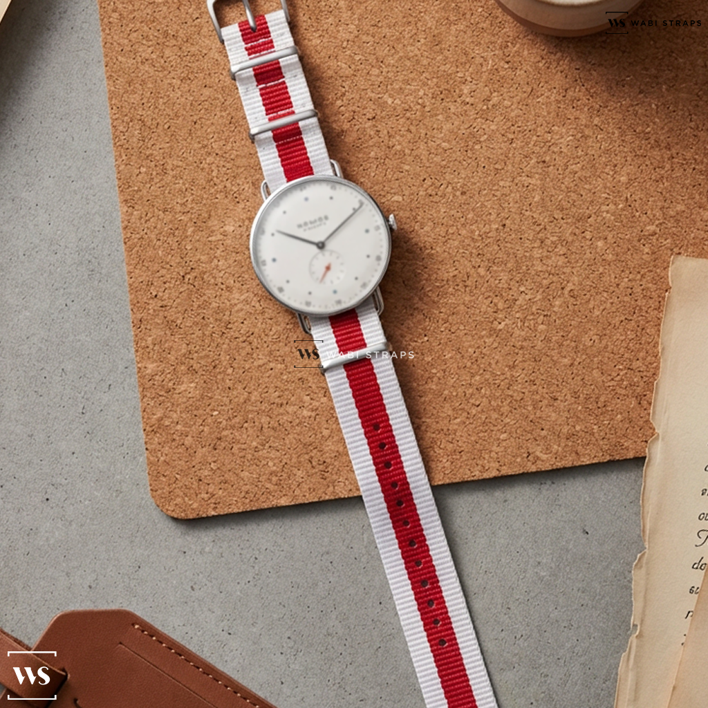 Red/White 3 Stripes Nylon Watch Strap on Nomos Glashutte Metro Neomatik 39