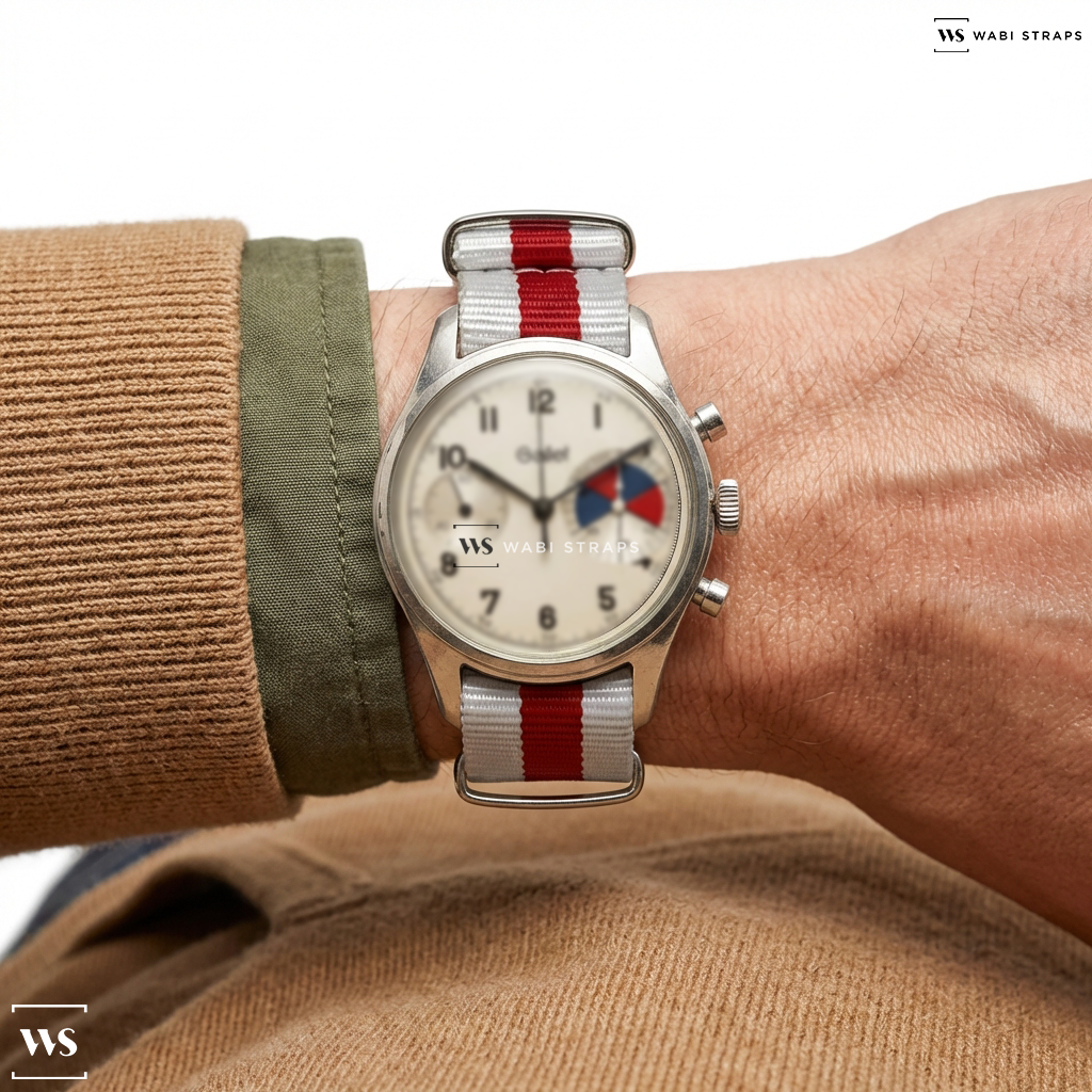 Red/White 3 Stripes Nylon Watch Strap on Gallet Multichron Yachting Big Eye Chronograph