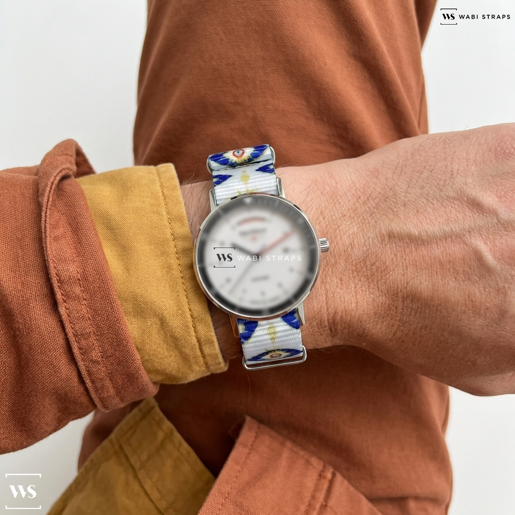 Blue/White/Yellow Graphic Print Nylon Watch Strap on Bauhaus Watch 21621